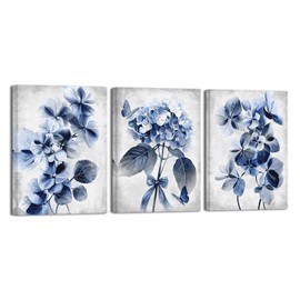 RyounoArt Blue Flower Pictures Navy Blue Hydrangea Wall Art Canvas Modern Floral Paintings for Bathroom Wall Decor 12 * 16 inch *3pcs