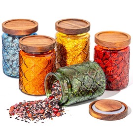 Outus 5 Pcs Vintage Glass Jar with Lids Colored Glass Canisters Jars with Airtight Lids for Kitchen Counter Storage Flour Sugar Cookie Coffee Tea Countertop Containers with Wooden Lids, 23.7 oz