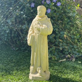 Vintage Saint Francis Statue: Solid Durable Stone with Distressed Texture. Perfect for Home Decor & Sealed for Outdoor Use. Handcrafted USA. (Old Stone/Beige)