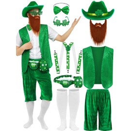 SOMSOC 9 Pcs St Patrick's Day Costume Set for Men Shamrock Vest Suspender Shorts Sequin Bow Tie Beard lrish Party Supplies