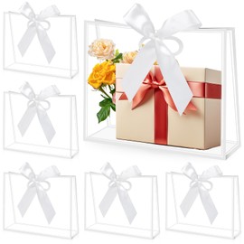 Gdotmely 12 Pcs Clear Plastic Gift Bags with Die Cut Handles,Reusable Party Favor Bags with Ribbons, Clear Gift Bag for Wedding Bridal Baby Shower Birthday Party Business, 12 x 10 x 5''(White)