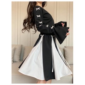 Verdusa Girl's Coquette Bow Dress Colorblock Flare Sleeve Short Flowy Dresses Black and White 12 Years