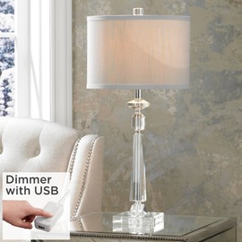 Vienna Full Spectrum Aline Traditional Glam Luxury Style Table Lamp with USB Charging Port 26.5" High Crystal Column Gray Drum Shade Decor for Living Room Bedroom House Bedside Nightstand Home
