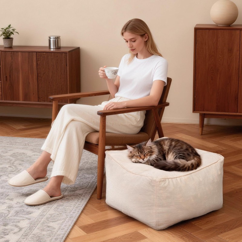Kinevoli Square Corduroy Pouf Ottoman, Soft Fluffy Foot Stool with