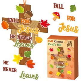 WATINC Fall Religious Cross Craft Kit - 28Pcs Make Your Own Autumn Christian Cross Hanging Ornaments, DIY Thanksgiving Fall for Jesus He Never Leaves Thankful Decor for Kids Sunday School Church