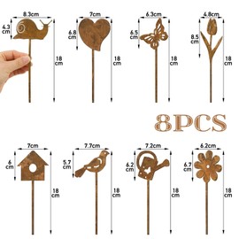 BOFUNX Pack of 8 Rust Garden Decoration Garden Stake Metal Tree Stake Rust Decoration for Garden Decoration Spring Decoration