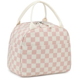 LEDAOU - Lonchera aislada para mujer, bolsa de almuerzo de pana, a prueba de fugas, para viajes, trabajo, picnic (a cuadros, rosa)