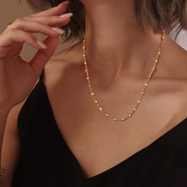 MEVECCO Gold Necklace for Women 18K Vacuum Gold Plated Short Chain Necklace Flat Bead Laser Cut Flat Surface Oval Simple Choker Necklace for Her Jewelry Gifts