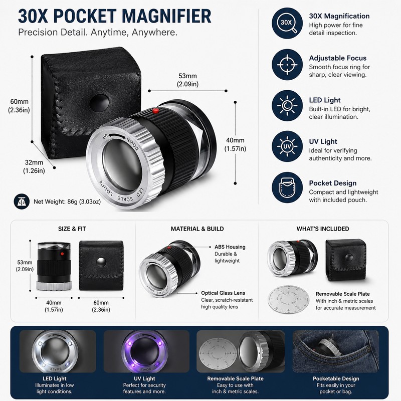 30X Pocket Magnifier for Jewelry & Coins – LED UV