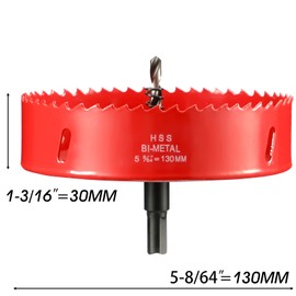 130mm Hole Saw for Wood, HSS Bi-Metal Hole Cutter in 30mm Depth, with Center Drill bit and Hex Shank Arbor, Applied for Cutting Boards, Plastic and Soft Metal Sheet