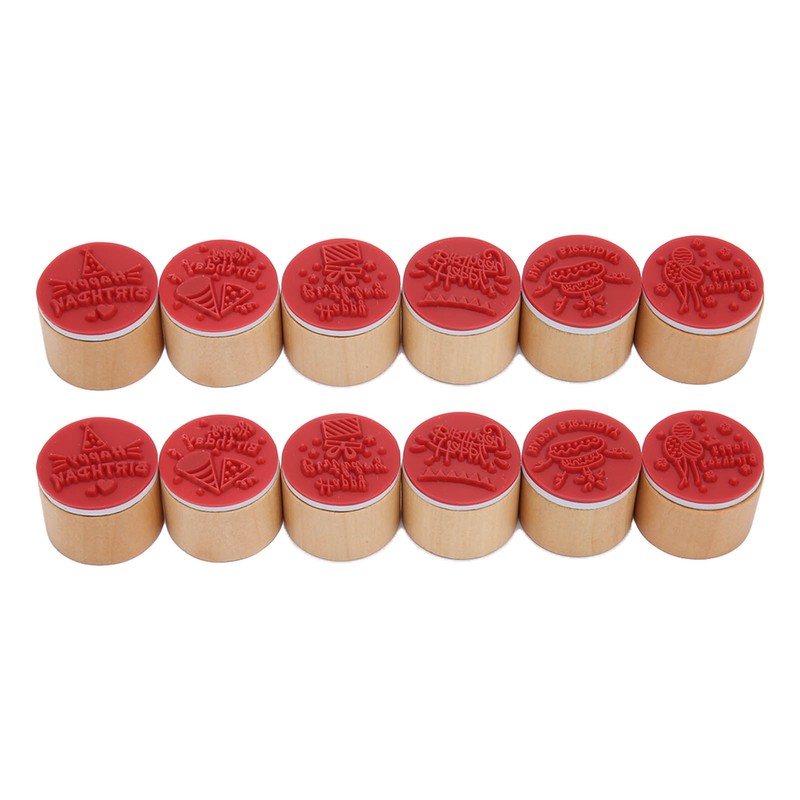 12Pcs Birthday Stamps Wooden Handle Assorted Style Clear Pattern Wooden