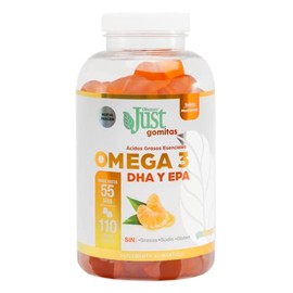 Omega 3, DHA y EPA (Ácidos Grasos Esenciales) Premium JustOmega 3 110 gomitas Sabor Mandarina.