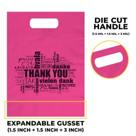 ALFAEX Pack of 40 Die Cut "Thank You" in Multiple Languages Plastic Bags Strong and Reusable for Small Businesses and Gift Items. (Hot Pink, Medium (12" x 15" x 1.5" Gusset))