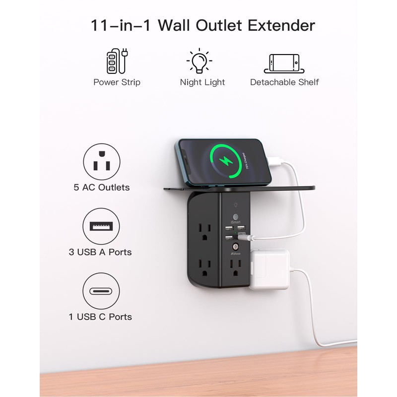 Wall Outlet Extender with Shelf and Night Light,Surge Protector,USB Wall