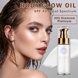 LZXLUKGIR Body Glow Oil,SPF 45 Broad Spectrum,Glow Shimmer Sunscreen,Moisturizing Body Shimmer Oil,Lightweight Non-Sticky,Absorbs Quickly,Glowing Results,02 Diamond Platinum