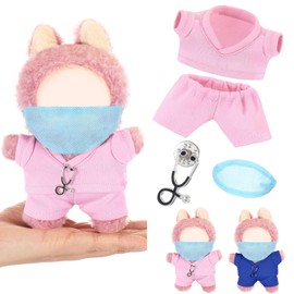 Velmitten 17cm Doll Clothes Doctor Nurse Scrubs Outfit Set for 17cm Dolls with Mini Mask & Stethoscope Cute Nurse Uniform with Accessories Ideal Gift for DIY Plush Dress-up Lovers & Collectors(Pink)