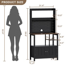 ChooChoo Bakers Rack with Power Outlet, Microwave Stand Kitchen Cabinet with Storage, Coffee Bar Cabinet with Hutch and Pegboard and Side Hooks, Black & Espresso