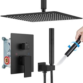 gotonovo Shower Faucet Matte Black 16 Inch Ceiling Mount Square Showerhead Bathroom Rainfall Shower System SUS304 Stainless Steel Shower Trim Kit 2 in 1 Cylindrical Handheld shower with Rough-in Valve