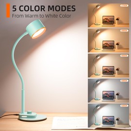 LiFMIRA Desk Lamp, Fully Dimmable Bedside Reading Lamp with USB C + A Charging Ports, 5 Colors, Simple to Operate, Eye Care Metal Table Lamp Efficient Desk Lamps for Home Office College Dorm Room