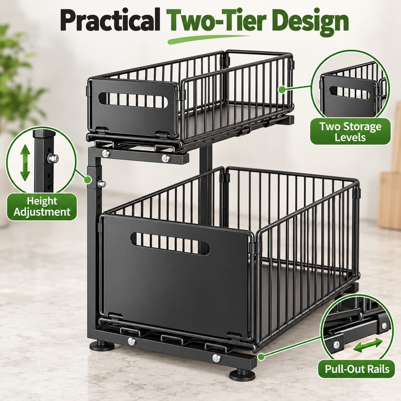 2-Tier Under Sink Organizer for Kitchen & Bathroom – Adjustable