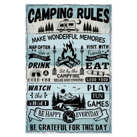 WADORN Vintage Camping Metal Tin Sign, Camping Rules Make Wonderful Memories Retro Tin Sign Hanging Decor for Camper Room Decor Funny Camping Fire Metal Wall Plaque Decor for Home, 11.81x7.87 Inch
