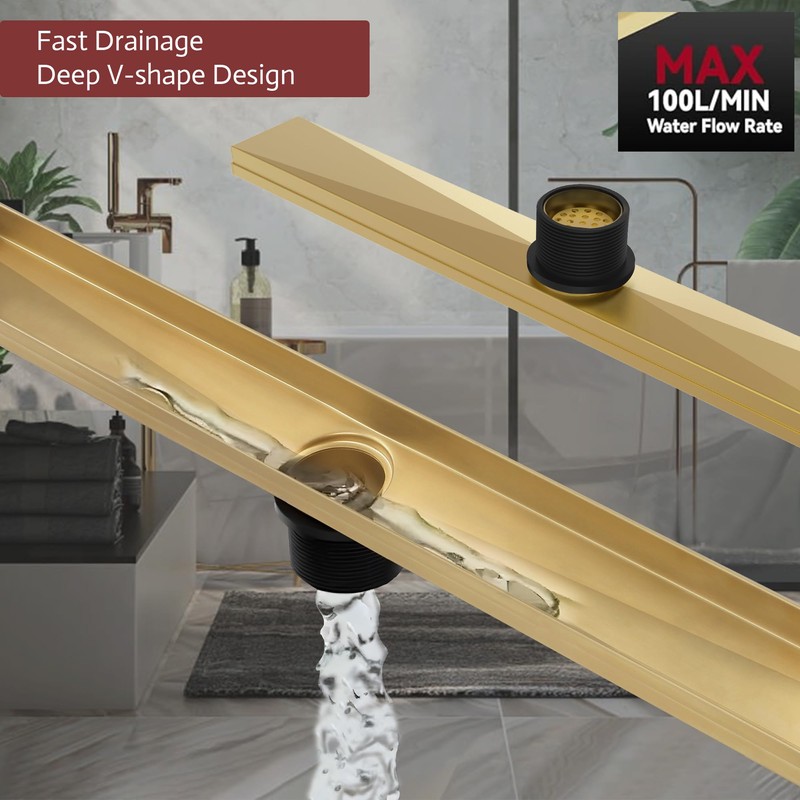 Muschbath 24 Inch Linear Shower Drain, Brushed Brighter Gold Shower