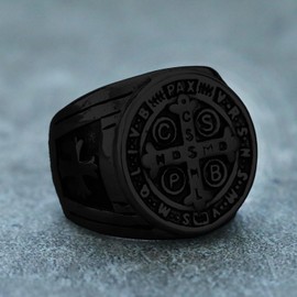 REchoLI Cross Ring for Man Black Stainless Steel Saint Benedict CSPB Cross Ring Christian Jewelry Size 8-12 (9)