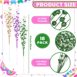 Wavwavw 18 Pcs Mardi Gras Decoration Carnaval Picks Ornaments Mardi Gras Tree Decorations Carnaval Purple Green and Gold Berry Stems 17 Inch Artificial Glitter Berry Stem Decor