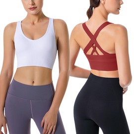 HANERDUN Women's Mittle Support Sports Bra Crossback Push Up Yoga Bra Seamless Without Underwire with Removable Padded for Fitness Running Jogging, 2 Pieces (White + Red)