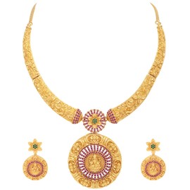 Aheli South Indian Traditional CZ Designer Necklace Earrings Bollywood Ethnic Wedding Jewelry Set Gift for Women Red Green Goddess Laxmi Stud Pendant