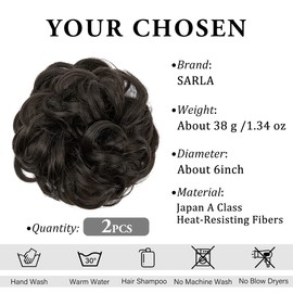 SARLA 2PCS Messy Hair Bun Hair Pieces Wavy Curly Synthetic Updo Fake Scrunchies Ponytail Extension for Women Girls Black Brown
