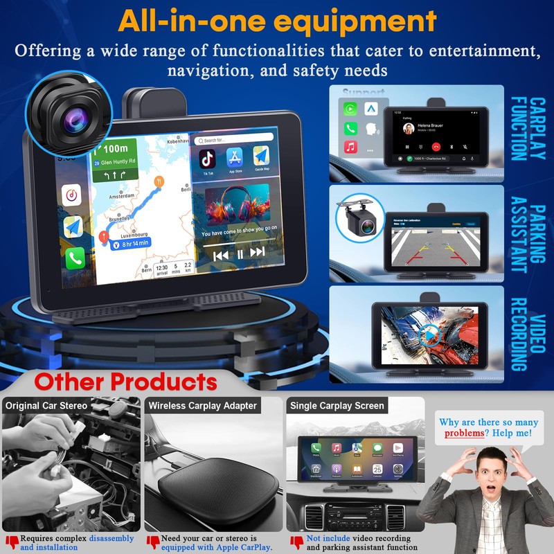 Wireless Apple CarPlay with Dash Cam: 7″ Carply Screen for
