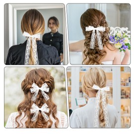 6 PCS White Lace Bow, White Lace Hair Bow Clips, Long, Medium and Short Styles, Bows for Hair with Long Tail Hair Accessories for Babies Teenagers Toddlers Children's Birthdays
