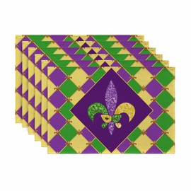 rouihot Mardi Gras Set of 6 Placemats for Dining Table,Gold Fleur De Lis Home Kitchen Decor Non-Slip Place Mats for Party 12 x 18 Inch Purple