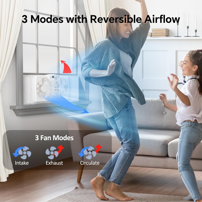 shinic Twin Window Fan with Reversible Airflow, Thermostat Controlled, 3