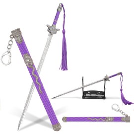 Ancient Sword Letter Opener with Purple Sheath & Display Stand - Chinese Jian Weapon Style Metal Keychain, Envelope Opener Gift for Collectors and Action Figure Arts (Purple)