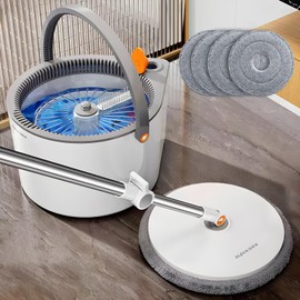 JOYBOS 360° Spin Mop and Bucket Set with Self Separation Dirty, Includes Round Spin Mop, Clean and Dirty Water Separation System and 4 Thick Machine Washable Mop Pads