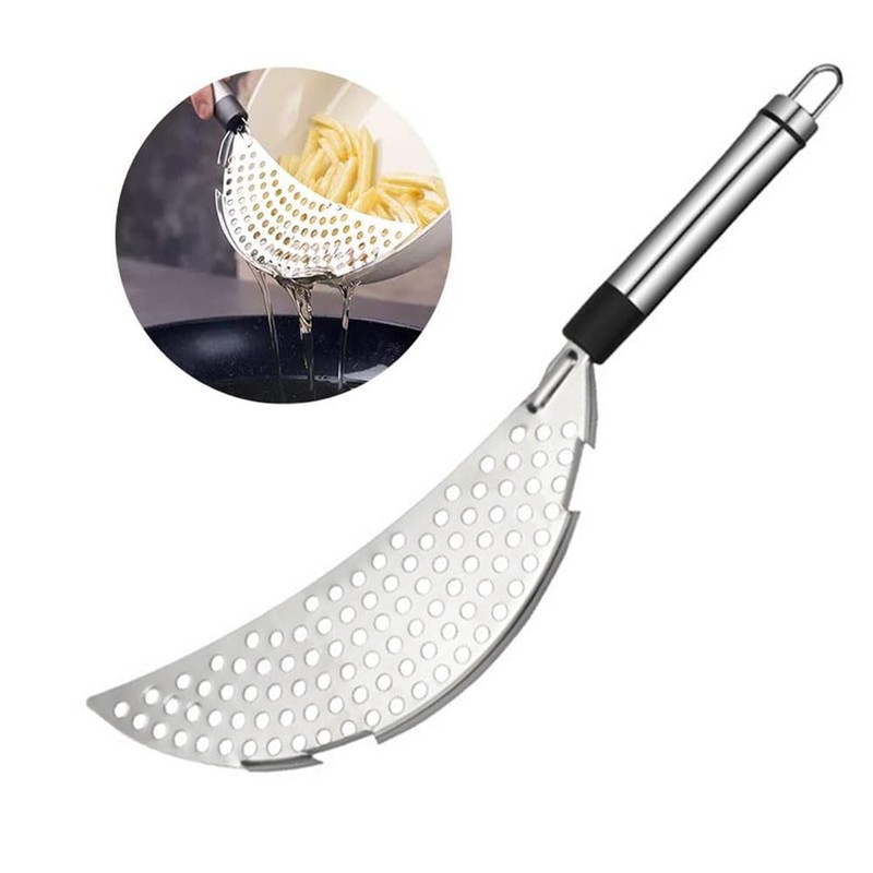 Stainless Steel Pot Strainer with Handle, Crescent Half Moon Shaped