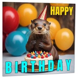 Otter Birthday Card - Otter in a party hat happy birthday card 145 x 145mm