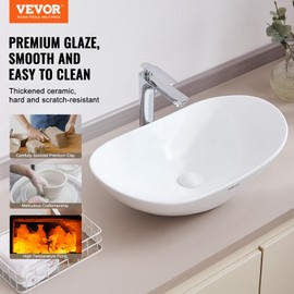 VEVOR Oval Vessel Sink with Bathroom Sink Drain, 23.3" x 14.2" Bathroom Vessel Sink Bowl Countertop, White Ceramic Bathroom Sinks Above Counter,Well-Packaged for Bathroom, Hotel, Toilet, RV