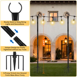 Suchtale String Light Poles with Hooks, 2 Pack 8.5FT Metal Light Pole for Outdoor String Lights with 5-Prong Fork for Garden, Patio, Wedding Party, Outdoor Light Stand Holder for Christmas Deck, Black