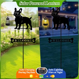 Tfro & Cile Solar Light Garden Stake 45 Inch Black French Bulldog Welcome Sign Decorative Dog Lantern Ornament Outdoor Garden Decor for Lawn Yard Patio