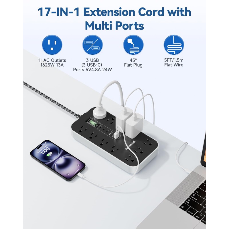10FT Extension Cord with USB Ports- Power Strip with USB,