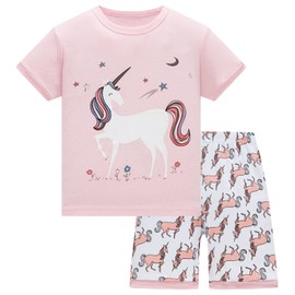 Girls Pyjamas Summer Shorts Sets Unicorn 100% Cotton Sleepwear Short Sleeve 2 Piece Outfit for Kids Age 6-7 Years