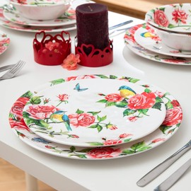 LEHAHA Melamine Dinnerware Set, Rose 12-Piece Plates and Bowls Sets, Chip & Break Resistant Dishes Set for 4, Red Floral Dinner Plates, Salad, Bowls, Indoor Outdoor Use