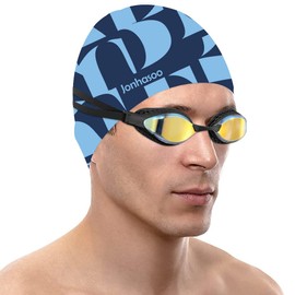 Jonhasoo Silicone Swim Cap for Women &Men, Waterproof Long Hair Swimming Caps with Graphics Printed (Blue)