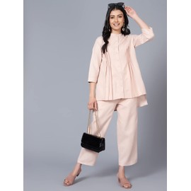 Bani Women 2 Piece Summer Outfits Co-ord Set with Pant & Tunic Top Mandarin Neck 3/4 Sleeves Indian Co-ord Set Beige