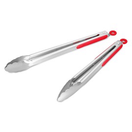 304 Stainless Steel Kitchen Cooking Tongs, 12" and 14" Set of 2 Sturdy Grilling Barbeque Brushed Locking Food Tongs with Ergonomic Grip, Red