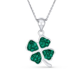 Celtic Saint Patrick's Irish Good Luck Sparkling Green Crystal Clover Shamrock Dangle Pendant Charm Necklace For Women Teens .925 Sterling Silver