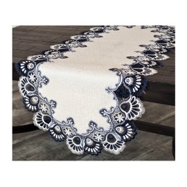Linens, Art and Things White Navy Blue Jacquard Peacock Tail Lace 16 x 54 inches Approx Dresser Scarf Table Runner Coffee Table Runner